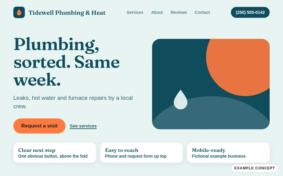Example concept: a redesigned site for the fictional Tidewell Plumbing & Heat with a bold headline and a clear call to action.
