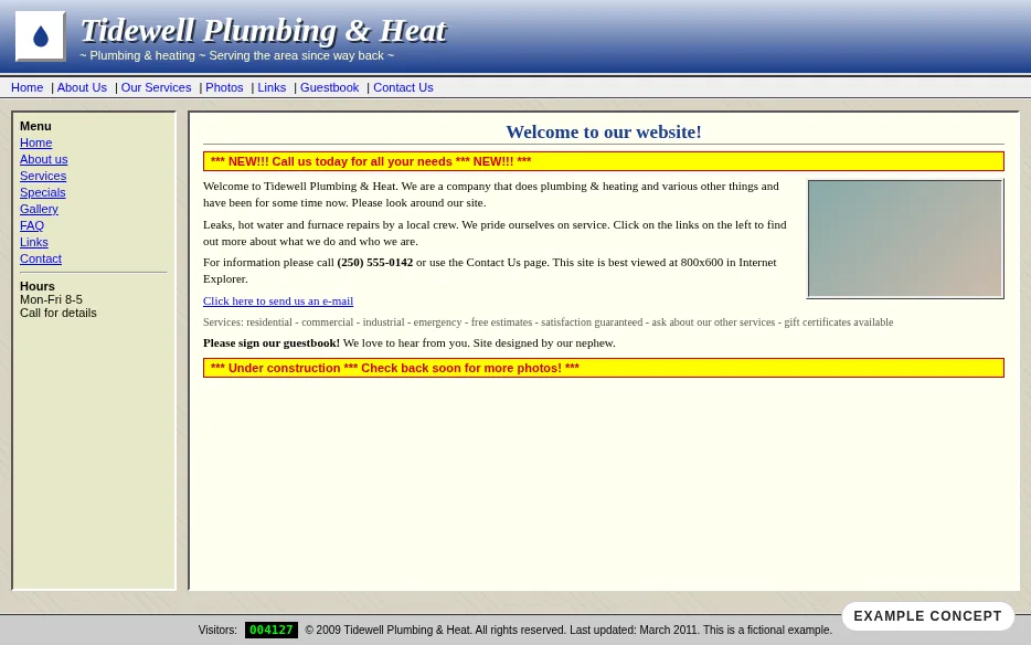 An example of a dated plumbing website for the fictional Tidewell Plumbing & Heat, with a bevelled header and crowded text.